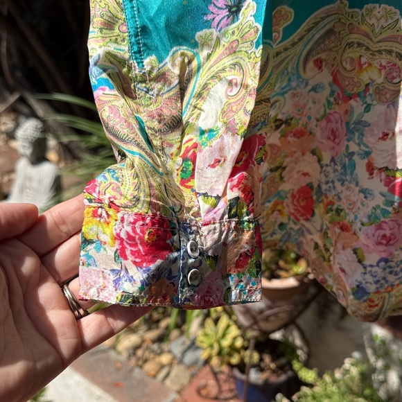 Johnny Was Teal and Pink Floral Blouse - Picture 5 of 6